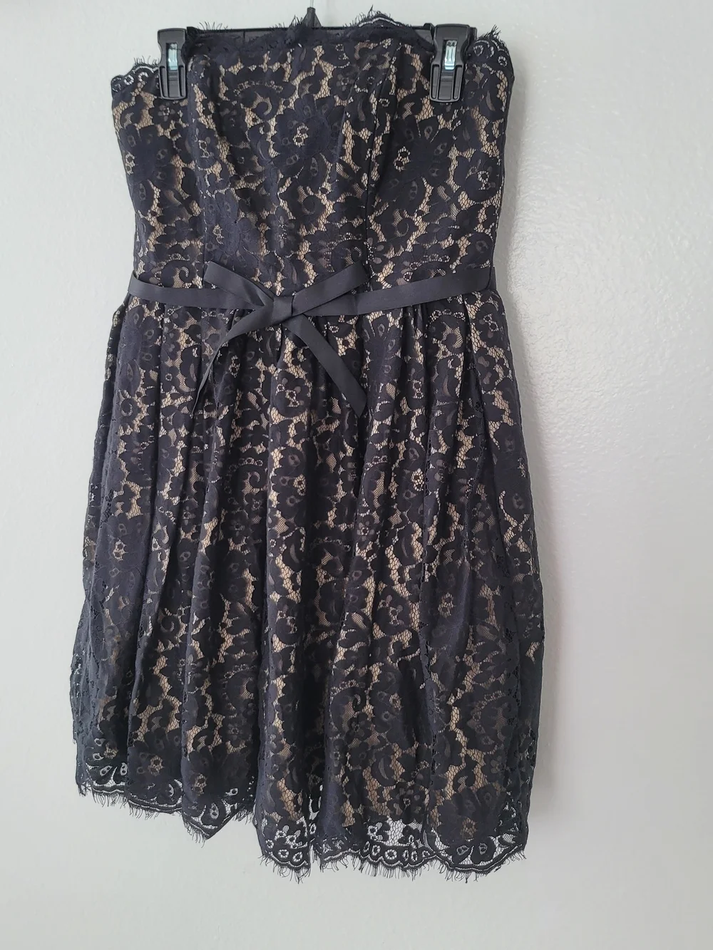 Strapless Black Lace Dress with Cream Lining and Satin Waist Bow Size 6